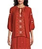 Nurture by Westbound Petite Size Embroidered Elbow Sleeve Coordinating Peasant Top, Color:Spice - Image 1