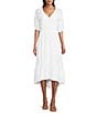 Color:White Sand - Image 1 - by Westbound Petite Size Embroidered Eyelet Elbow Sleeve Smocked Waist High-Low A-Line Midi Dress