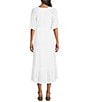 Color:White Sand - Image 2 - by Westbound Petite Size Embroidered Eyelet Elbow Sleeve Smocked Waist High-Low A-Line Midi Dress