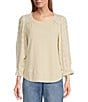 Nurture by Westbound Petite Size Knit 3/4 Sleeve Crew Neck Eyelet Detail Top, Color:Creme - Image 1