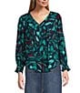 Nurture by Westbound Petite Size Long Sleeve Y-Neck Top, Color:Watercolor - Image 1