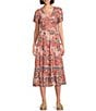 Color:Bohemian - Image 1 - by Westbound Petite Size Printed V-Neck Tiered Short Sleeve Ruffle Midi A-Line Dress
