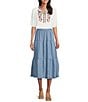Color:Blue - Image 3 - by Westbound Petite Size Pull-On Tiered A-Line Midi Skirt