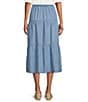 Color:Blue - Image 2 - by Westbound Petite Size Pull-On Tiered A-Line Midi Skirt