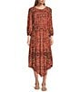 Nurture by Westbound Petite Size Spice Scarf Print 3/4 Sleeve Pointed Hem Midi Dress, Color:Spice Scarf - Image 1