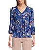 Nurture by Westbound Petite Size Woven Floral Print 3/4 Sleeve V-Neck Top, Color:Black Batik Floral - Image 1