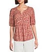 Nurture by Westbound Petite Woven Elbow Sleeve Pintuck Yoke Floral Top, Color:Ditsy Floral - Image 1