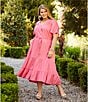 Color:Peony Blush - Image 4 - by Westbound Plus Size Button Front Short Flutter Sleeve Cinch Tie Waist Tiered Midi A-Line Dress