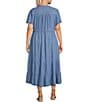 Color:Blue - Image 2 - by Westbound Plus Size Button Front Short Flutter Sleeve A-Line Chambray Midi Dress