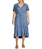 Color:Blue - Image 1 - by Westbound Plus Size Button Front Short Flutter Sleeve A-Line Chambray Midi Dress