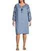 Color:Blue - Image 1 - by Westbound Plus Size Chambray Embroidered 3/4 Sleeve Dress
