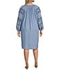 Color:Blue - Image 2 - by Westbound Plus Size Chambray Embroidered 3/4 Sleeve Dress