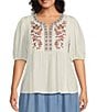 Color:White Sand - Image 1 - by Westbound Plus Size Elbow Sleeve Embroidered Square Yoke Top