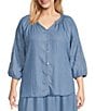 Color:Blue - Image 1 - by Westbound Plus Size Embroidered 3/4 Sleeve Button Front Coordinating Top