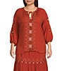 Nurture by Westbound Plus Size Embroidered Elbow Sleeve Coordinating Peasant Top, Color:Spice - Image 1