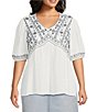 Color:White Sand - Image 1 - by Westbound Plus Size Embroidered V-Neck Puff Sleeve Blouse