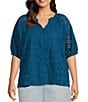 Color:Coast - Image 1 - By Westbound Plus Size Eyelet Short Puff Sleeves Ruffle Split V-Neck Button Front Top