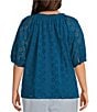 Color:Coast - Image 2 - By Westbound Plus Size Eyelet Short Puff Sleeves Ruffle Split V-Neck Button Front Top