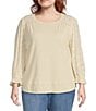 Nurture by Westbound Plus Size Knit 3/4 Sleeve Crew Neck Eyelet Detail Top, Color:Creme - Image 1