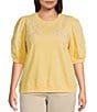 Nurture by Westbound Plus Size Knit Crew Neck Floral Embroidered Elbow Sleeve Top, Color:First Rays - Image 1