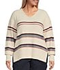 Color:Ivory Multi - Image 1 - by Westbound Plus Size Long Sleeve V-Neck Striped Sweater