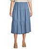 Color:Blue - Image 1 - by Westbound Plus Size Pull-On Tiered A-Line Midi Skirt