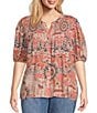 Color:Bohemian - Image 1 - by Westbound Plus Size Smocked Front Elbow Sleeves Button Down Top