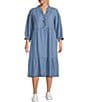 Color:Blue - Image 1 - by Westbound Plus Size V-Neck 3/4 Sleeve Smocked Chambray Sheath Midi Dress