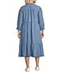 Color:Blue - Image 2 - by Westbound Plus Size V-Neck 3/4 Sleeve Smocked Chambray Sheath Midi Dress