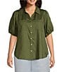 Color:Olive Moss - Image 1 - by Westbound Plus Size Woven Short Puff Sleeve Button Front Top