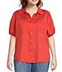 Color:Pacific Coral - Image 1 - by Westbound Plus Size Woven Short Puff Sleeve Button Front Top