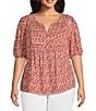 Nurture by Westbound Plus Size Woven Elbow Sleeve Pintuck Yoke Floral Top, Color:Ditsy Floral - Image 1