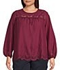 Color:Mulberry - Image 1 - by Westbound Plus Size Woven Eyelet Detail Crew Neck Long Sleeve Top