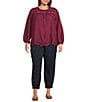 Color:Mulberry - Image 3 - by Westbound Plus Size Woven Eyelet Detail Crew Neck Long Sleeve Top