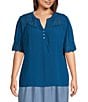 Color:Coast - Image 1 - by Westbound Plus Size Woven Eyelet Embroidered Scallop Trim Short Sleeve Henley Top