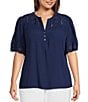Color:Starry Night - Image 1 - by Westbound Plus Size Woven Eyelet Embroidered Scallop Trim Short Sleeve Henley Top