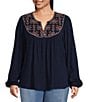 Color:Navy Sea - Image 1 - by Westbound Plus Size Woven Long Sleeve V-Neck Embroidered Top