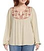 Color:Cotton - Image 1 - by Westbound Plus Size Woven Long Sleeve V-Neck Embroidered Top