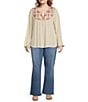 Color:Cotton - Image 3 - by Westbound Plus Size Woven Long Sleeve V-Neck Embroidered Top