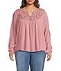 Color:Orchid - Image 1 - by Westbound Plus Size Woven Long Sleeve V-Neck Embroidered Top