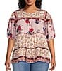 Color:Scarf - Image 1 - by Westbound Plus Size Woven Multi Floral Crew Neck Short Sleeve Tiered Top