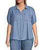 Color:Blue - Image 1 - by Westbound Plus Size Woven Short Puff Sleeve Point Collar Curved Hem Button Front Top