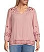 Color:Orchid - Image 1 - by Westbound Plus Size Woven V-Neck Long Sleeve Embroidered Top