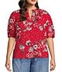 Color:Wind Flower - Image 1 - by Westbound Plus Size Woven V-Neck Short Puff Sleeve Top