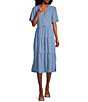 Color:Blue - Image 1 - by Westbound Short Sleeve Ruffled Neck A-Line Midi Dress