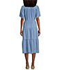 Color:Blue - Image 2 - by Westbound Short Sleeve Ruffled Neck A-Line Midi Dress