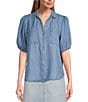 Color:Blue - Image 1 - Nurture by Westbound Chambray Elbow Puff Sleeve Button Front Top