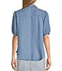 Color:Blue - Image 2 - Nurture by Westbound Chambray Elbow Puff Sleeve Button Front Top