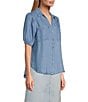 Color:Blue - Image 5 - Nurture by Westbound Chambray Elbow Puff Sleeve Button Front Top