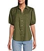 Color:Olive Moss - Image 1 - by Westbound Woven Elbow Puff Sleeve Button Front Top